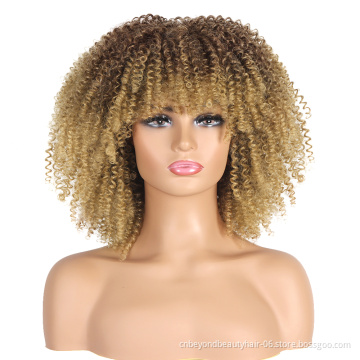 Afro Kinky Curly Wigs With Bangs For Black Women African Short Synthetic Wigs Ombre Glueless Cosplay Wigs